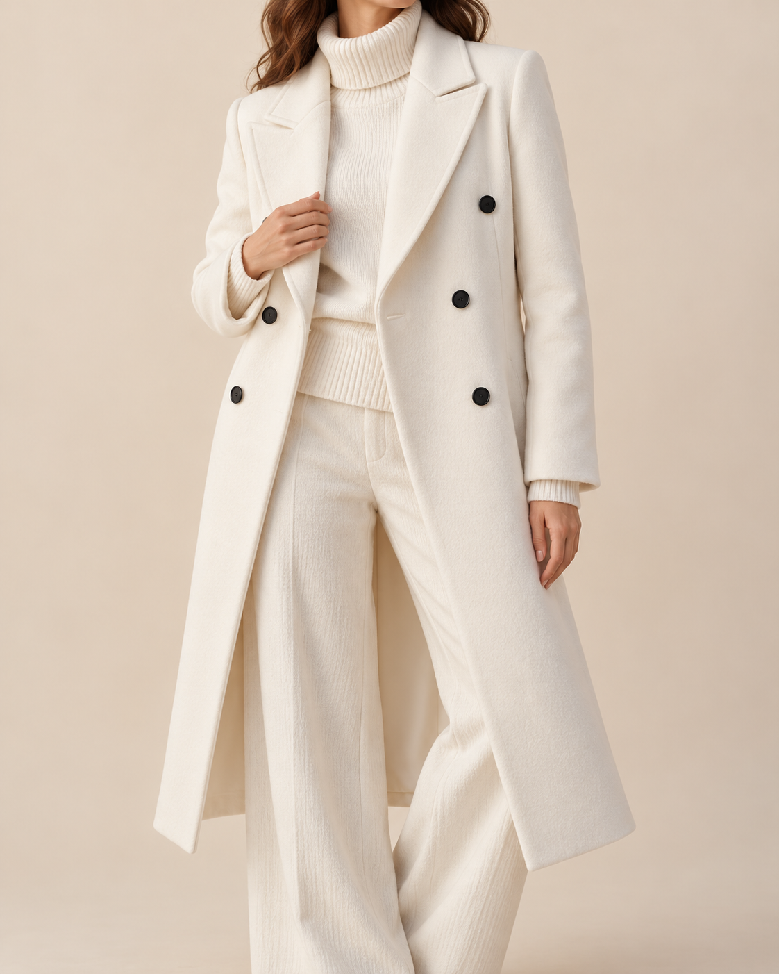 A woman wearing a long cream double-breasted coat over a cream ribbed turtleneck sweater and matching wide-leg trousers, photographed against a plain warm beige studio background.
