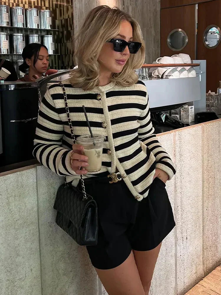 Marlowe | Women's Chic Striped Cardigan with Gold Button Detail