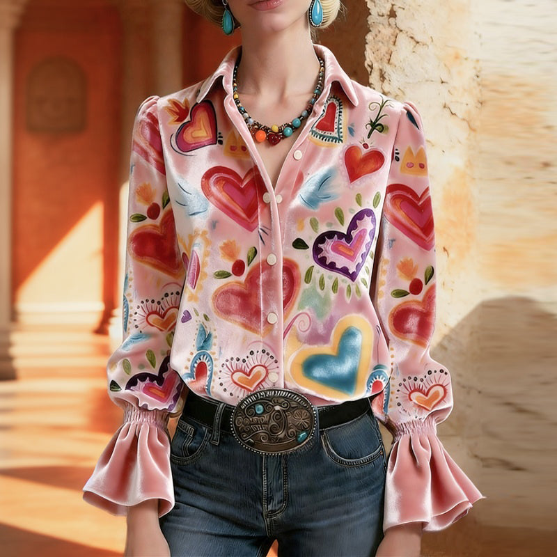 Sienna | Women's Heart Print Blouse with Ruffle Sleeves