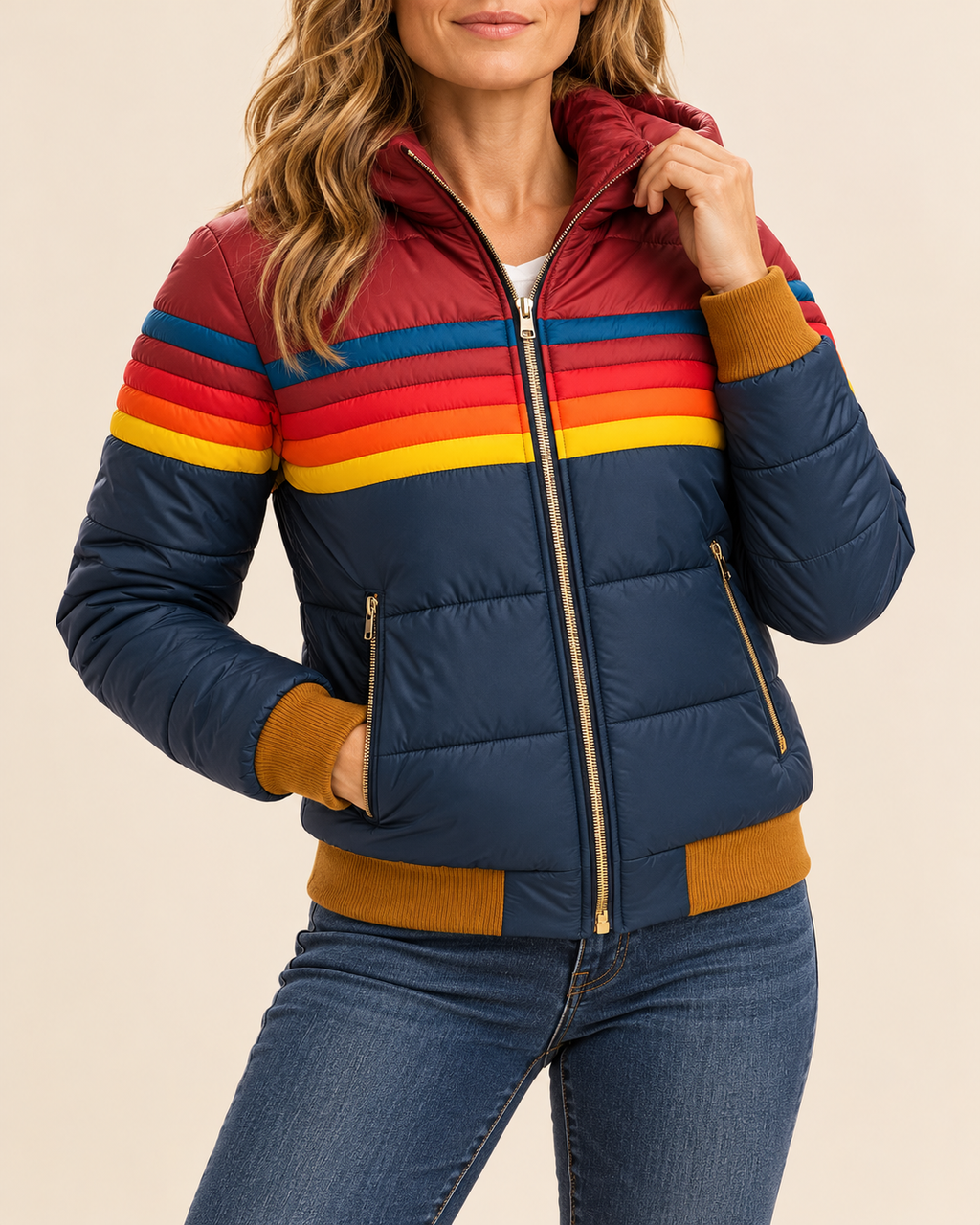 A woman wearing a quilted puffer jacket with a color-blocked design featuring navy blue, burgundy, red, orange, and yellow horizontal stripes, with brown ribbed trim on the cuffs and hem, paired with blue jeans against a light beige background.