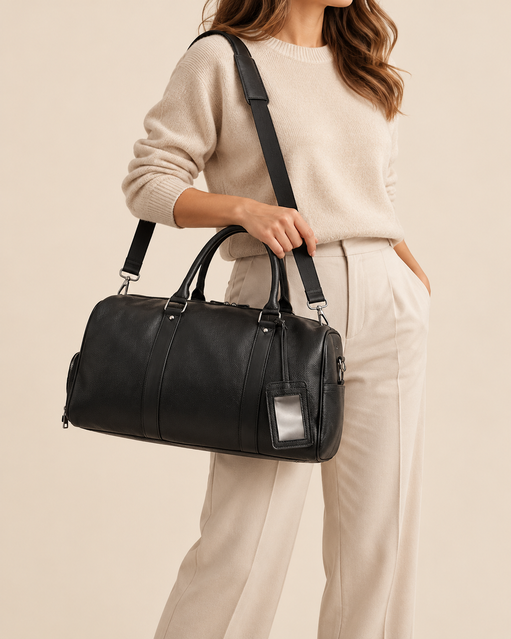 A woman wearing a beige sweater and cream pants carries a black leather duffel bag with a shoulder strap and a clear luggage tag, set against a solid beige background.