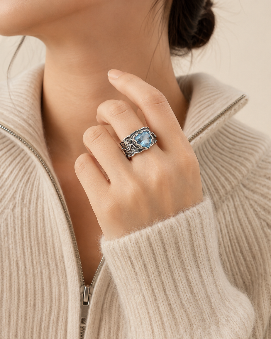 Elowen | Women's Elegant Leaf Detail Blue Gemstone Ring