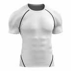 A white short-sleeve athletic compression shirt with black contrast stitching along the shoulders and sides, displayed on a headless torso form against a plain white background.