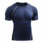 A navy blue short-sleeve athletic compression shirt with white contrast stitching details, shown on a clean white background.