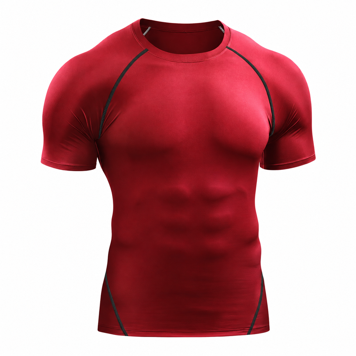 A red short-sleeve athletic compression shirt with black contrast stitching details, shown on a clean white background.