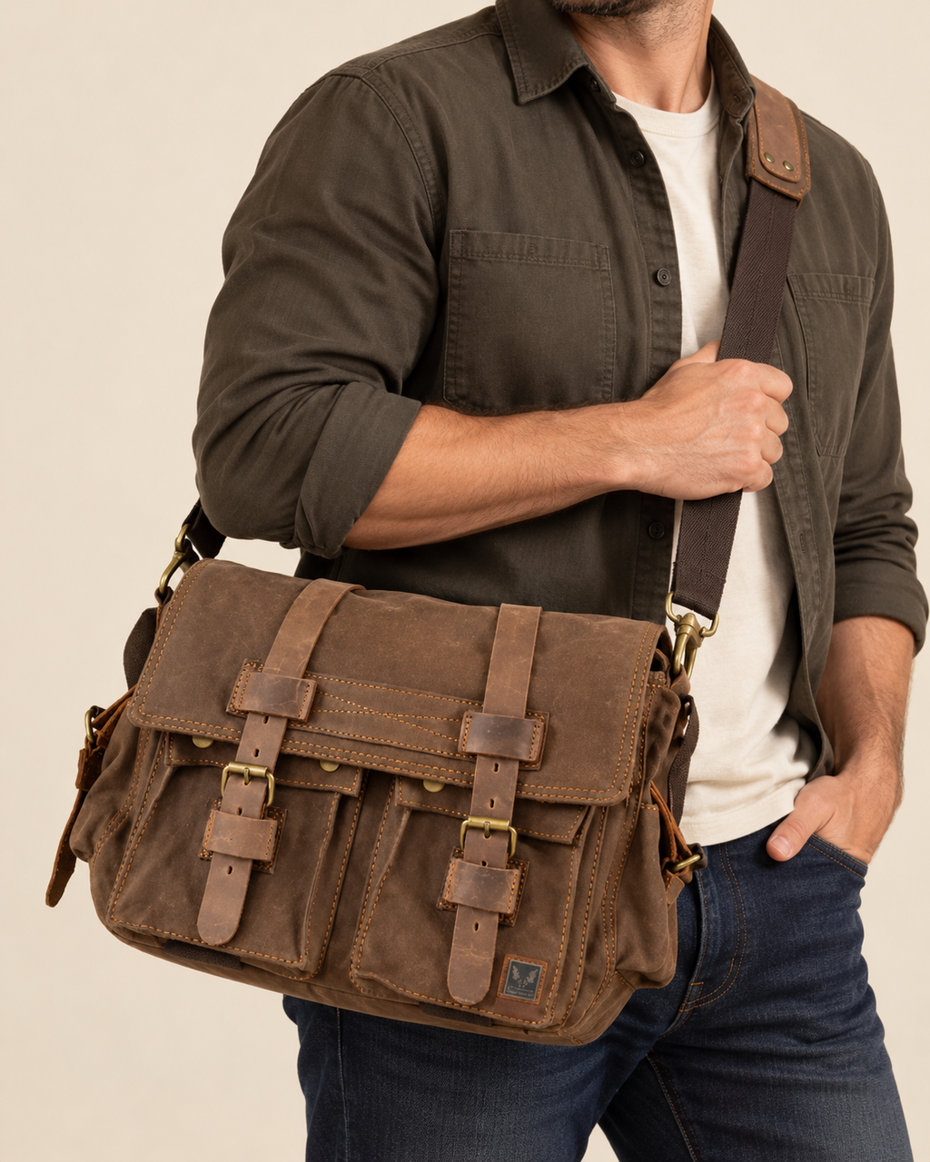 A man wearing a dark brown canvas crossbody bag with multiple front pockets and brass-tone buckles, shown from the chest down against a plain light beige background.