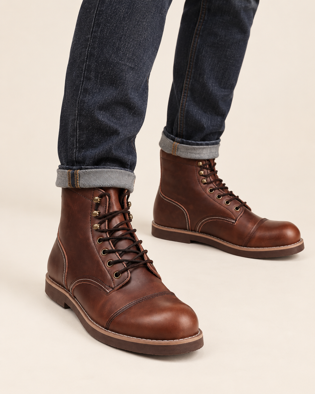Light beige plain background. wearing this exact product. focus on product. size 4:5. change posing and change model. FOCUS on product. for men. @Create image 