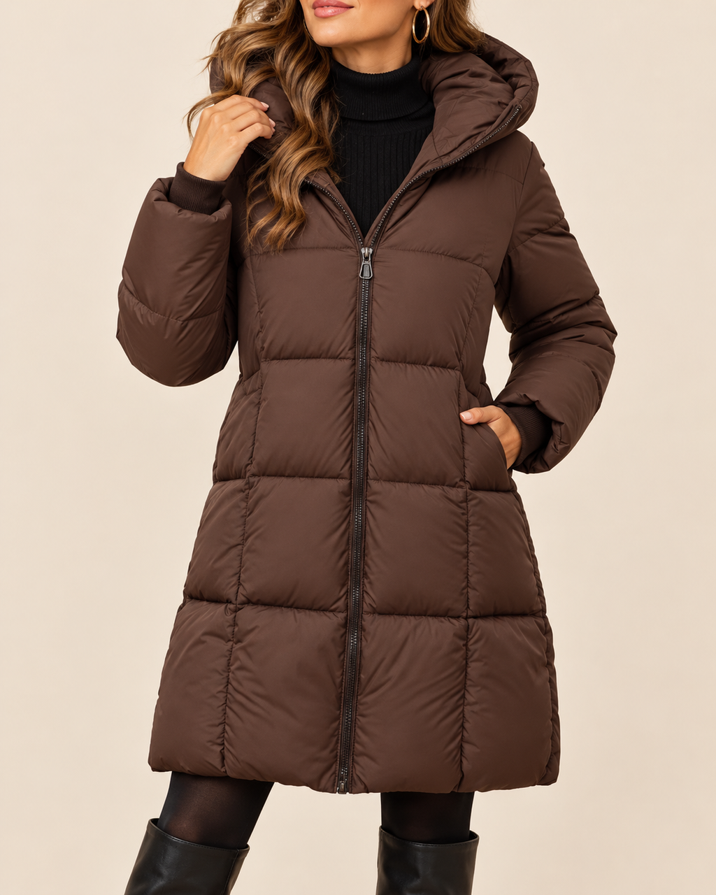 A woman wearing a brown hooded puffer coat over a black turtleneck sweater, paired with black tights and black boots, against a solid beige background.