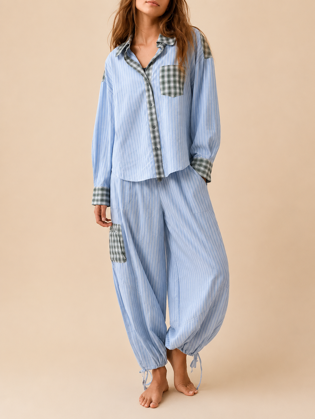 Nova | Women's Relaxed Striped Pajama Set with Plaid Trim
