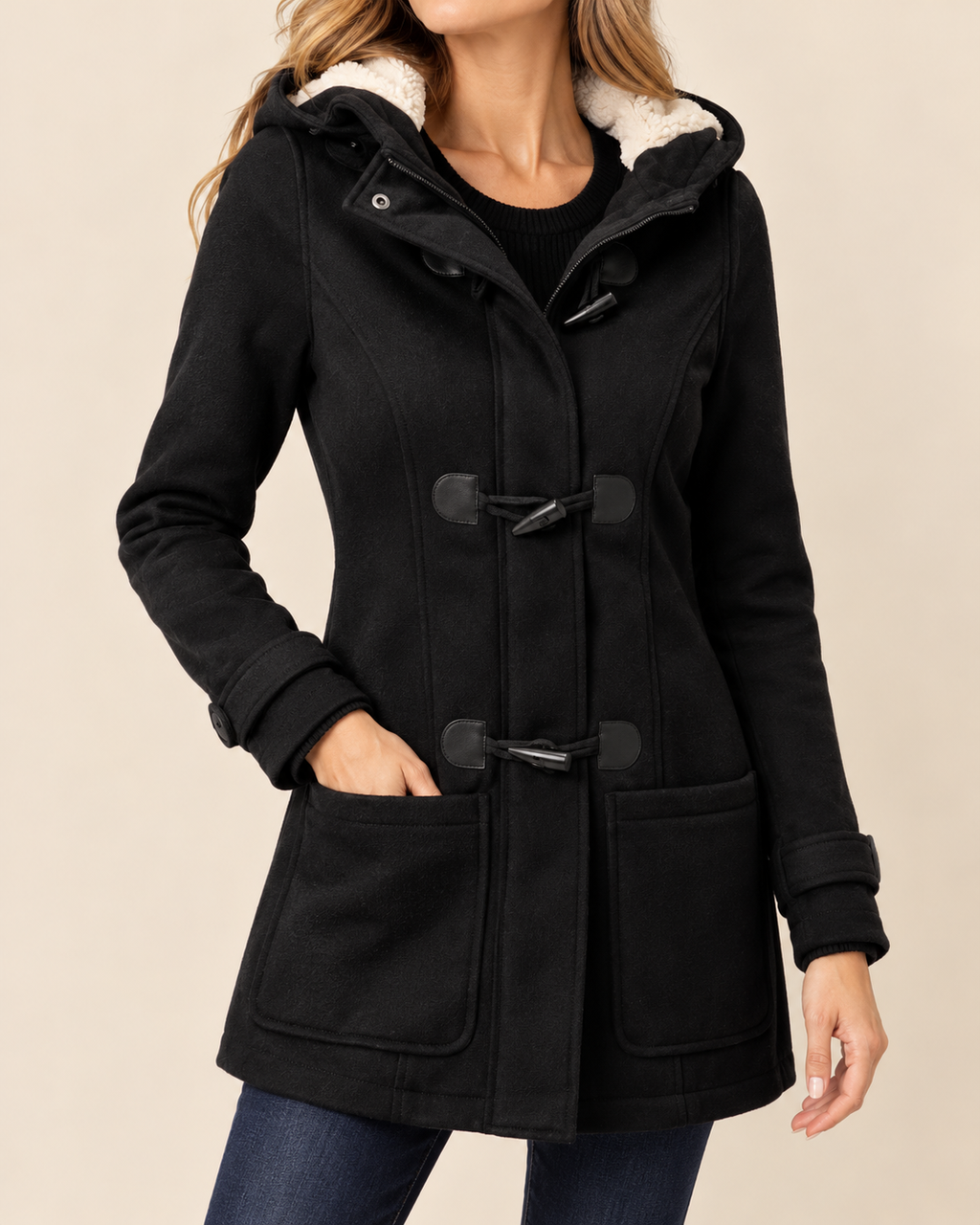 A woman wearing a black hooded duffel coat with a cream sherpa-lined hood, toggle closures, and front patch pockets, photographed against a plain beige studio background.