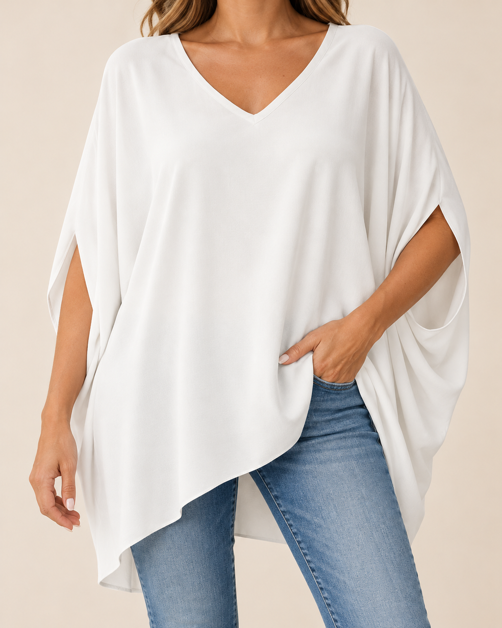 A woman wearing a white V-neck poncho-style top with draped sleeves and blue jeans, shown against a plain beige studio background.