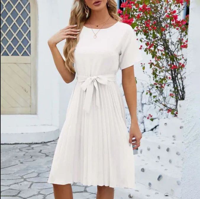 Aria | Women's Elegant Pleated Midi Dress with Tie Waist