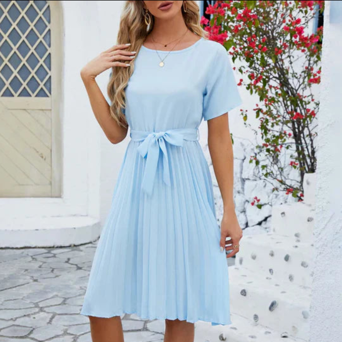 Aria | Women's Elegant Pleated Midi Dress with Tie Waist