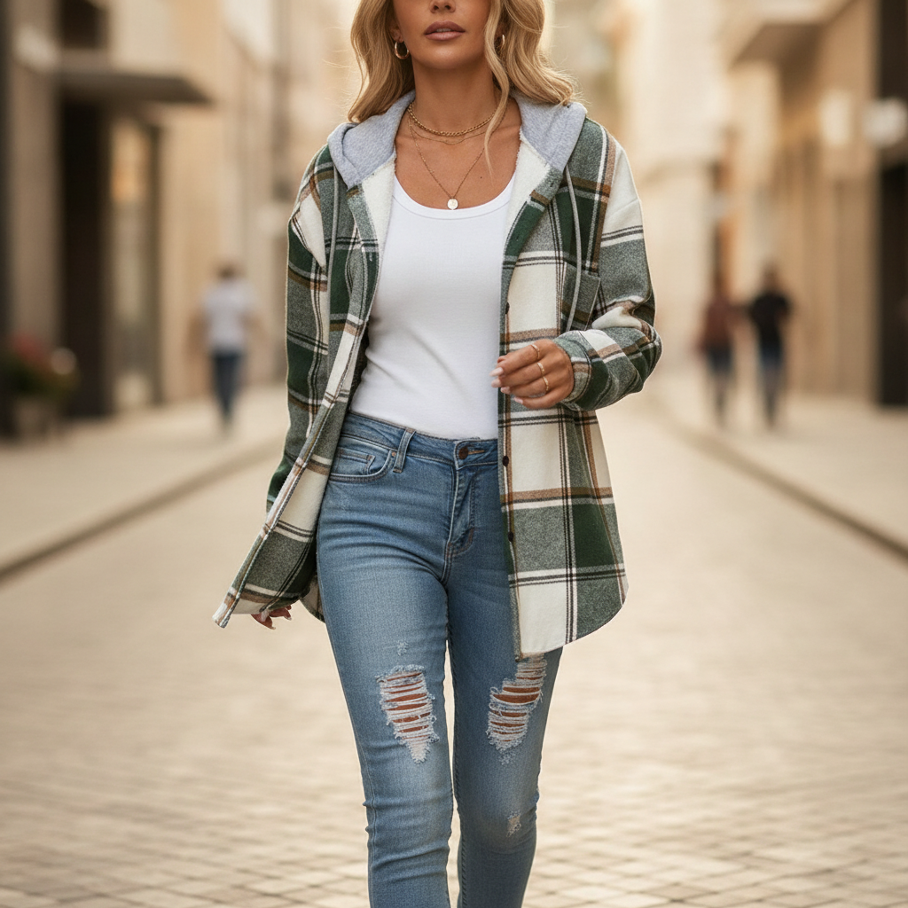 Thea | Women's Comfort Hoodie Plaid Jacket with Adjustable Hood