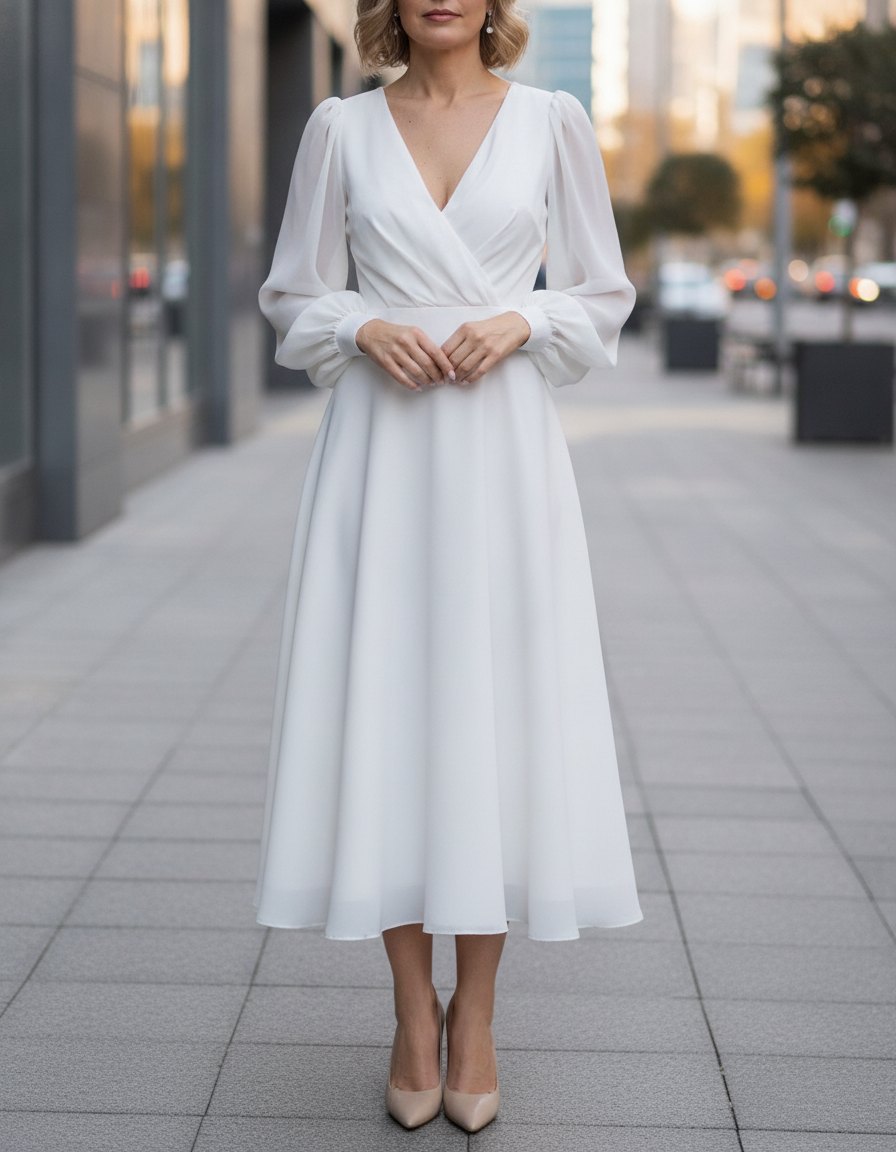 Calla | Women's Elegant Long-Sleeve Midi Wedding Guest Dress