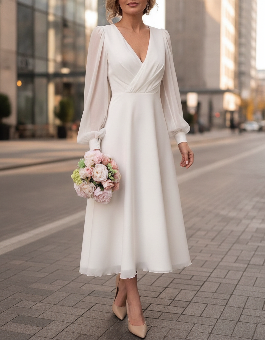 Lennox | Women's Elegant Flowy Midi Dress with Sheer Sleeves