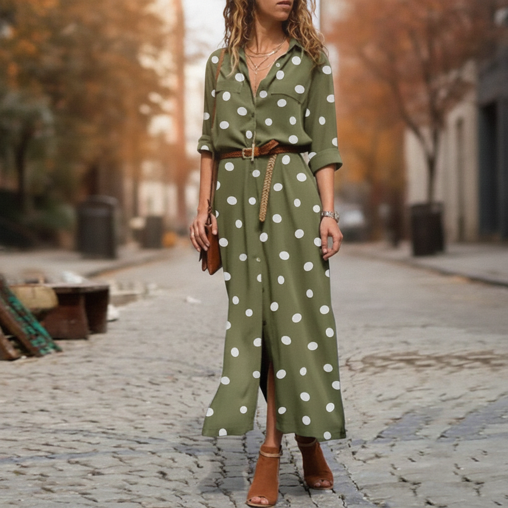 Rowan | Women's Polka Dot Maxi Dress with Belted Waist
