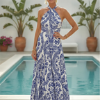 Isla | Women's Chic Halter Maxi Dress in Blue White