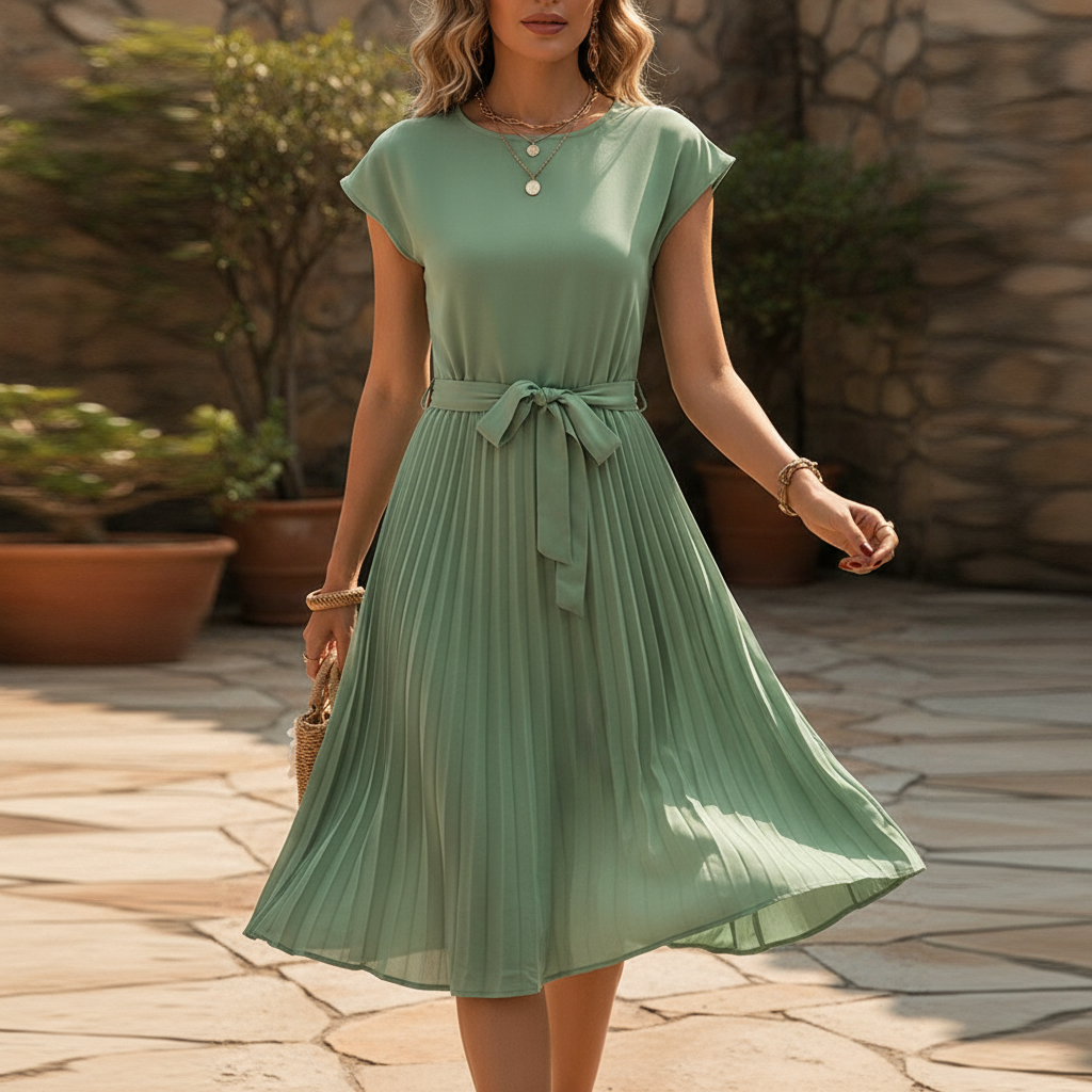 Aria | Women's Elegant Pleated Midi Dress with Tie Waist