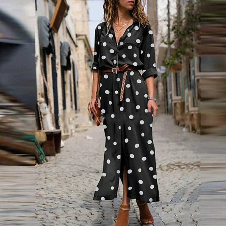 Rowan | Women's Polka Dot Maxi Dress with Belted Waist
