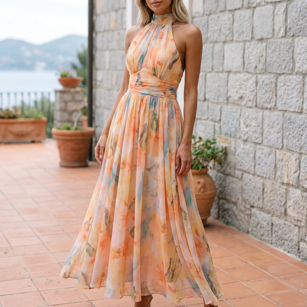Auralis - Flowy Floral Halter Maxi Dress