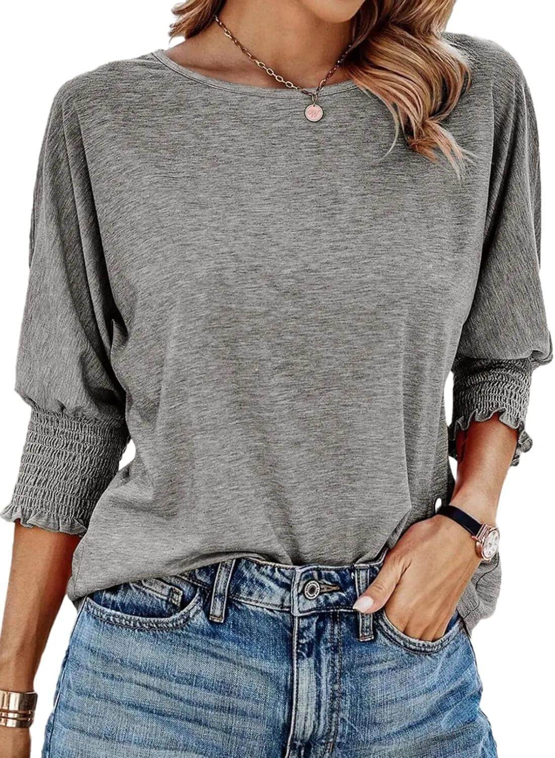 Nola | Women's Casual Knit Blouse with Smocked Sleeves