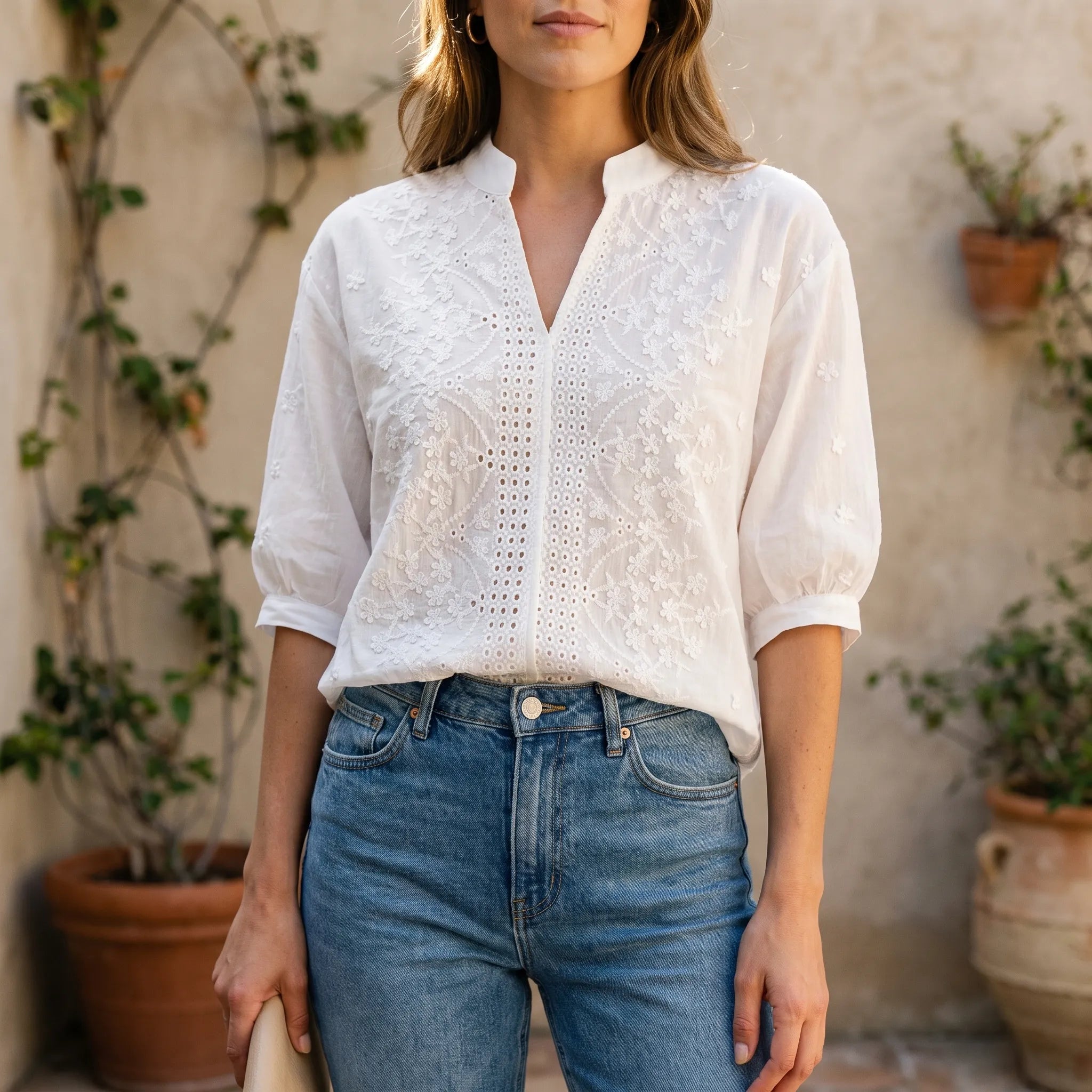 Breezette - V-Neck Floral Embroidered Blouse