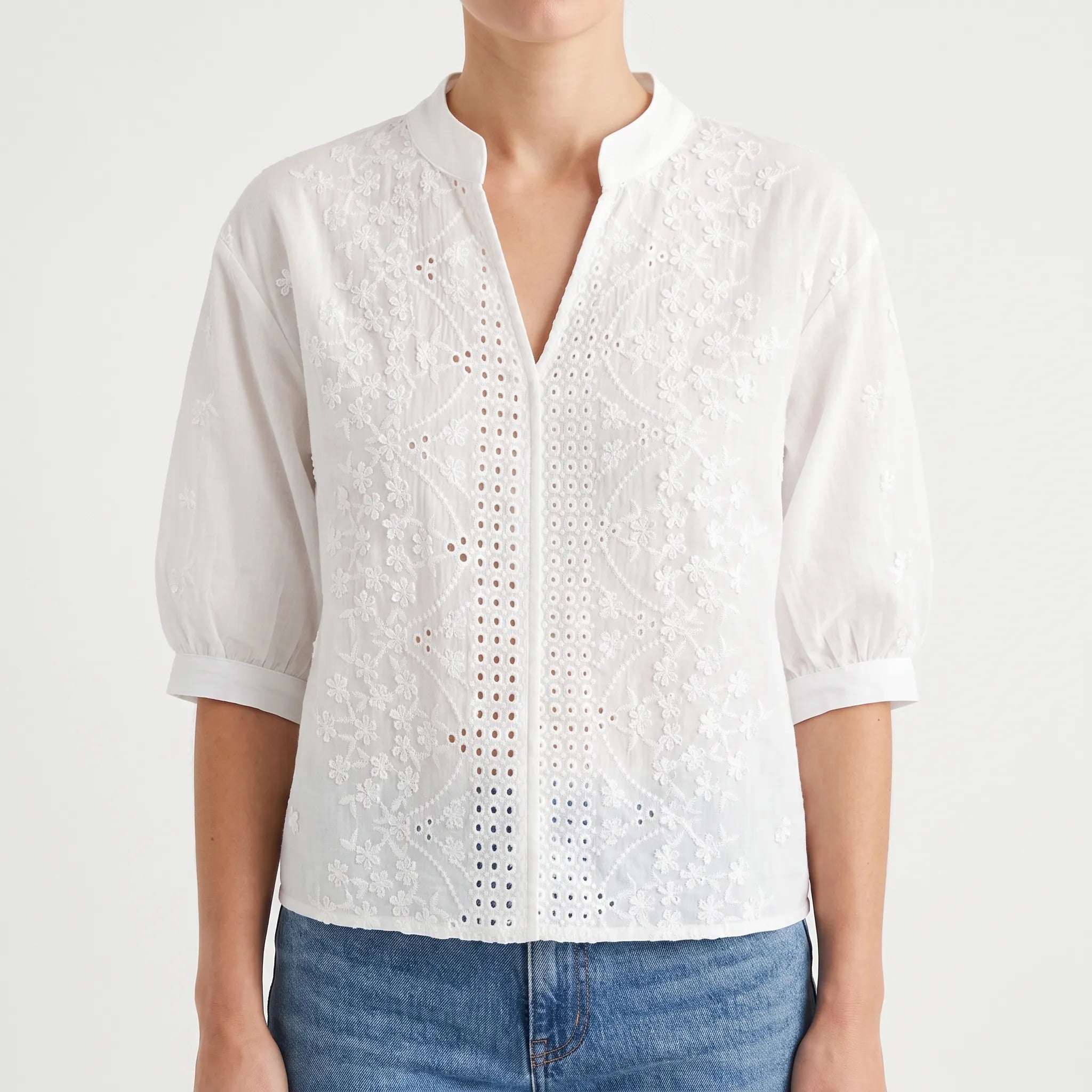 Breezette - V-Neck Floral Embroidered Blouse