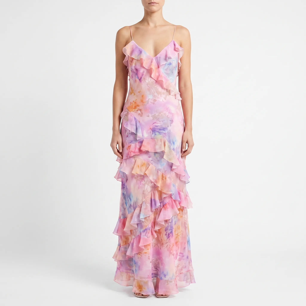Breezina - Flowy Pink Maxi Dress With Ruffles
