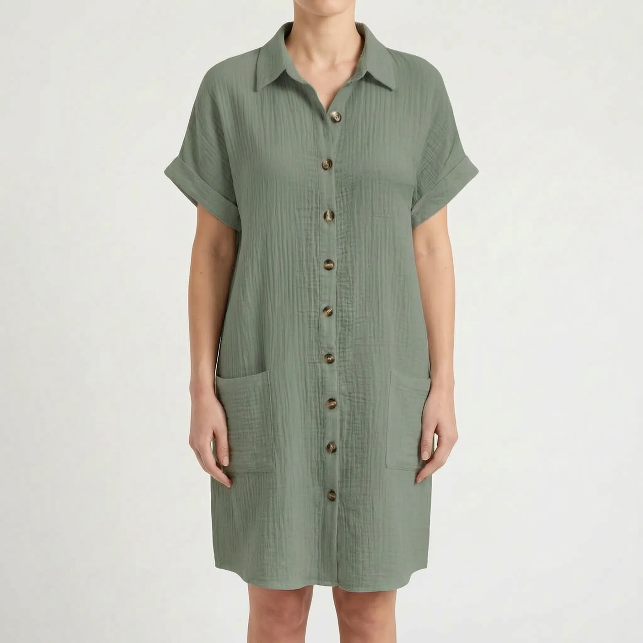 Breezora - Relaxed Fit Button Front Shirt Dress