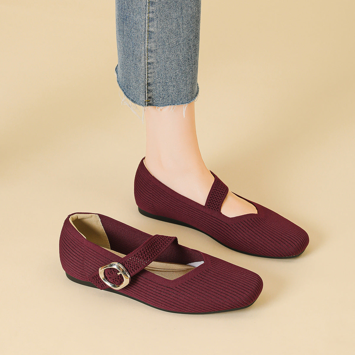 Celeste - Women's Knit Mary Janes with Buckle Detail