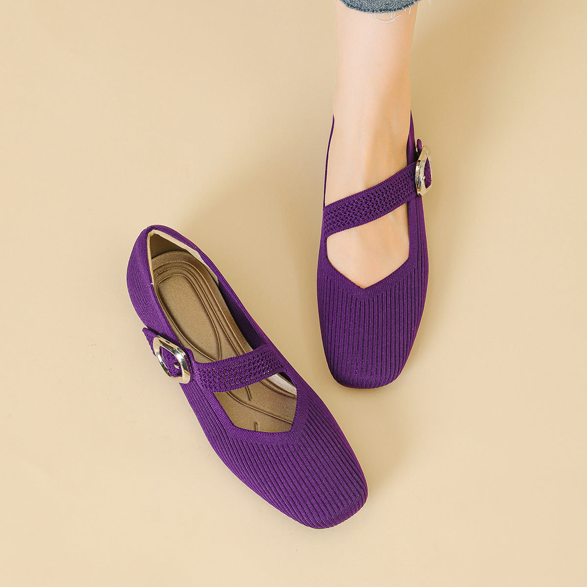 Celeste - Women's Knit Mary Janes with Buckle Detail