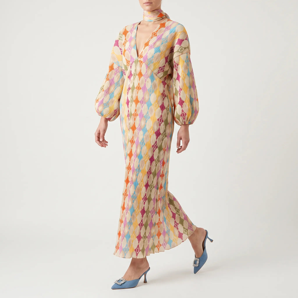 Celestia - Long Sleeve Printed V-Neck Maxi Dress