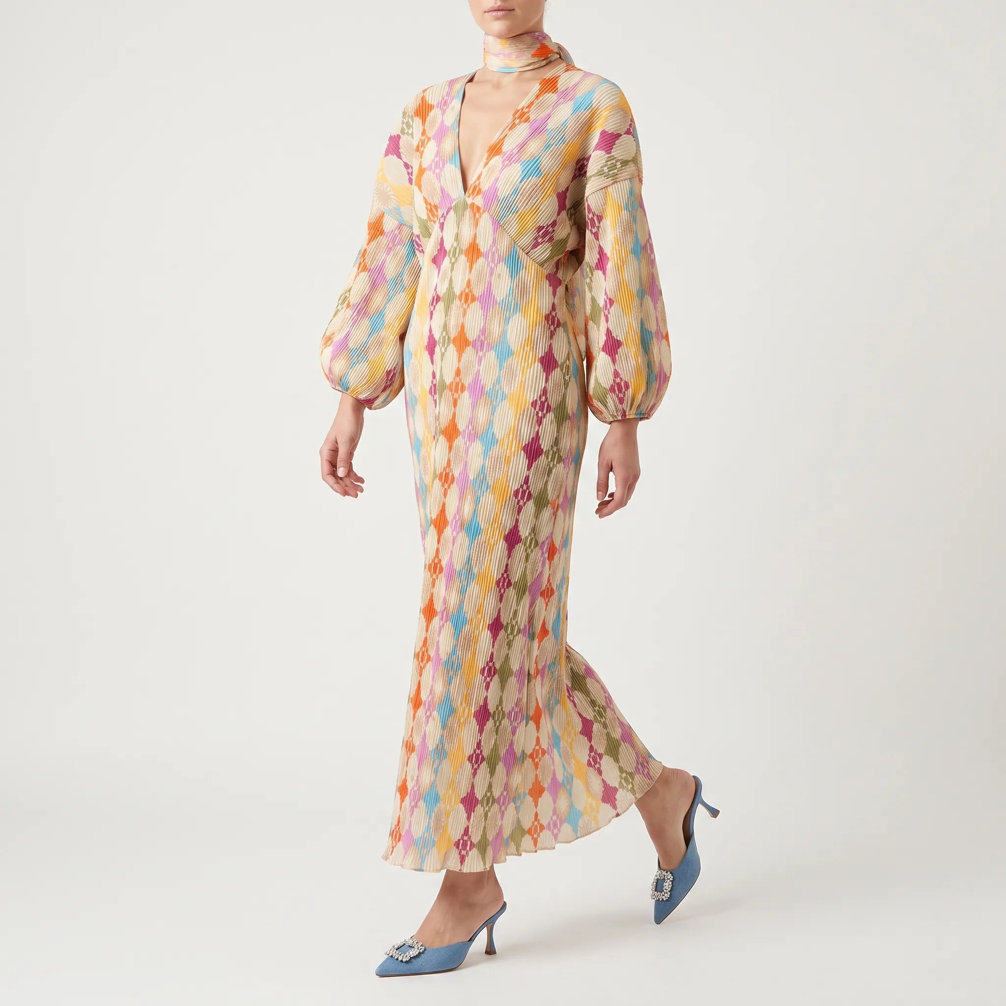 Celestia - Long Sleeve Printed V-Neck Maxi Dress