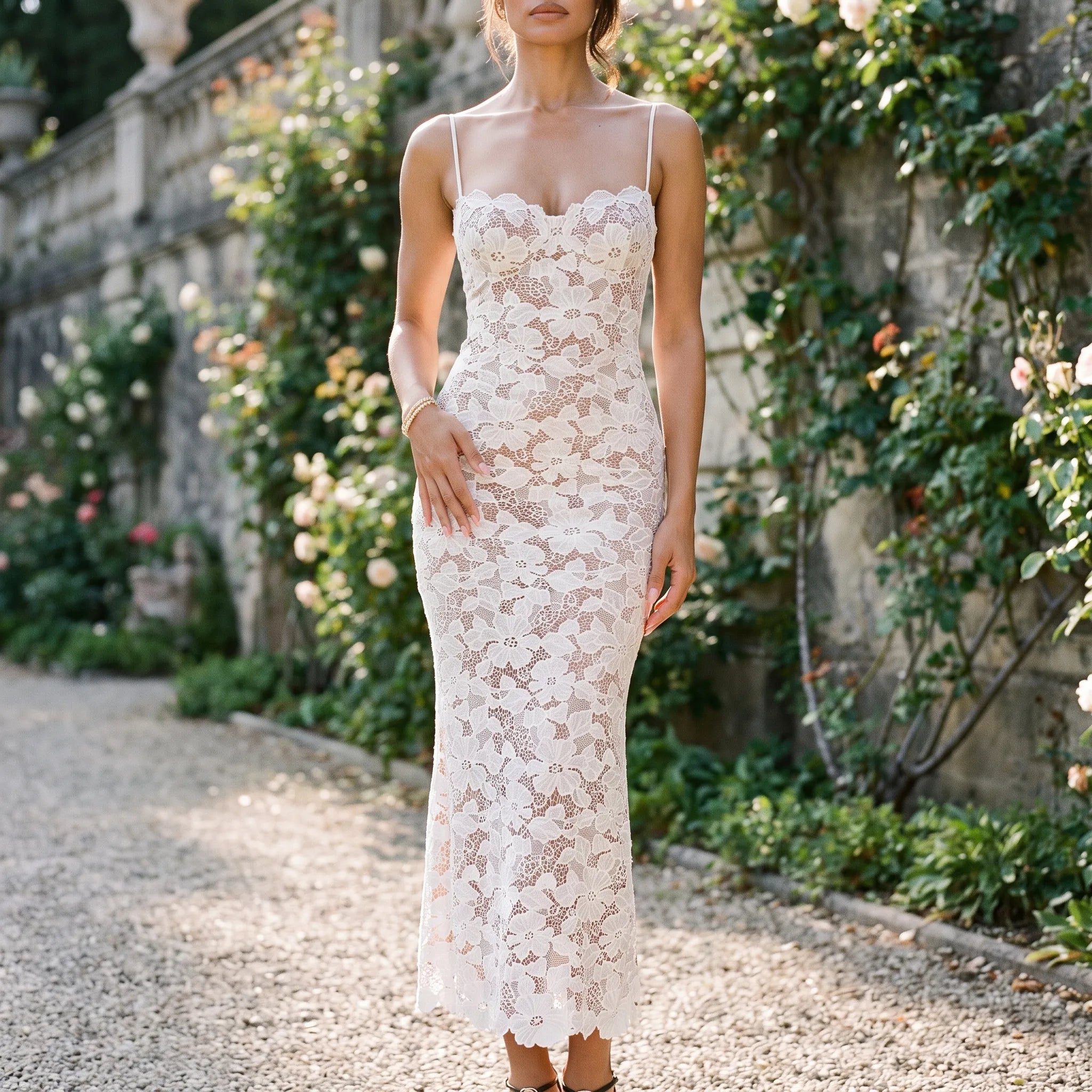 Celestine - Form-Fitting Sheer Floral Midi Dress