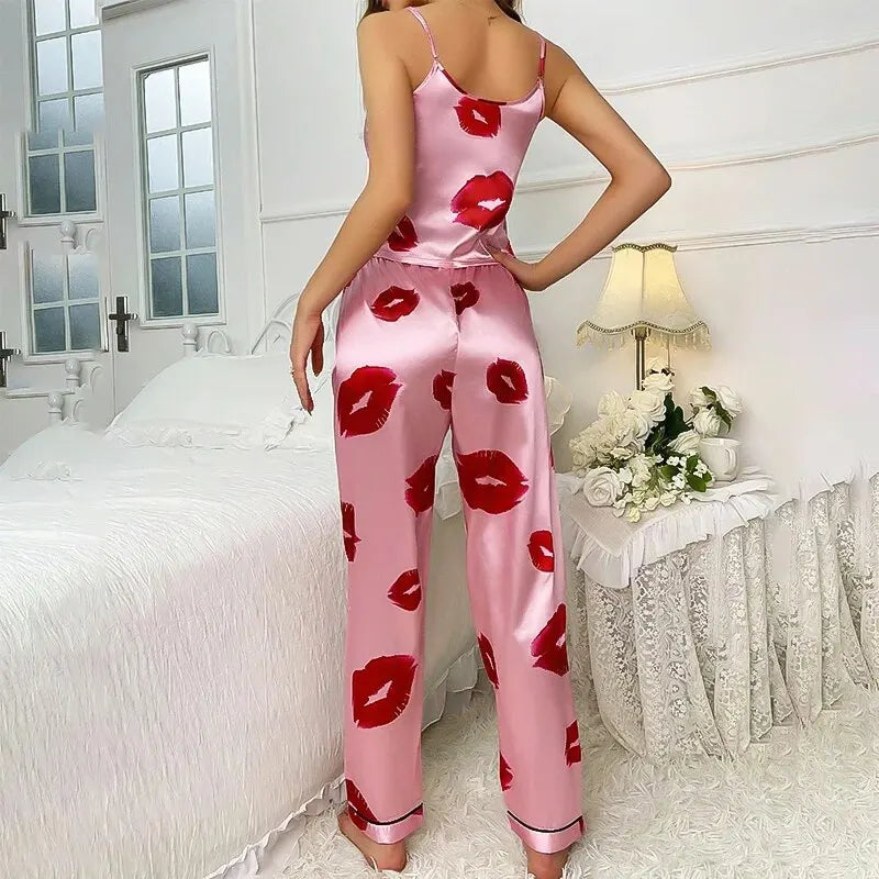 Elara - Women's Satin Pajama Set with Lip Print