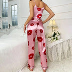 Elara - Women's Satin Pajama Set with Lip Print