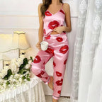 Elara - Women's Satin Pajama Set with Lip Print