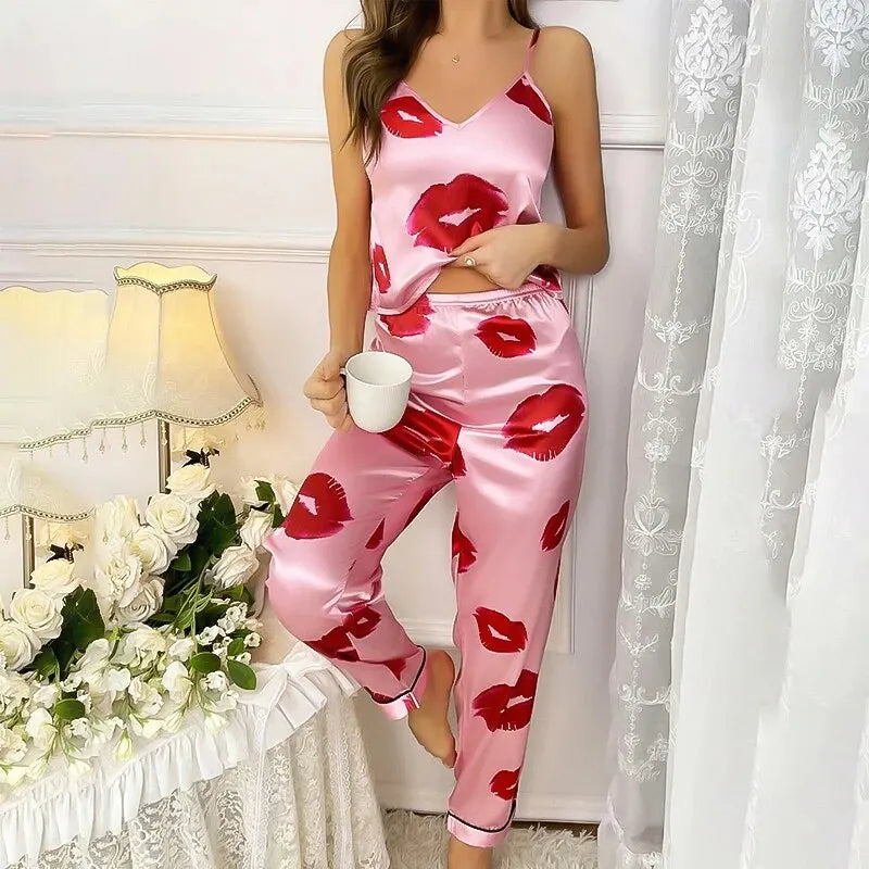 Elara - Women's Satin Pajama Set with Lip Print