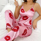Elara - Women's Satin Pajama Set with Lip Print