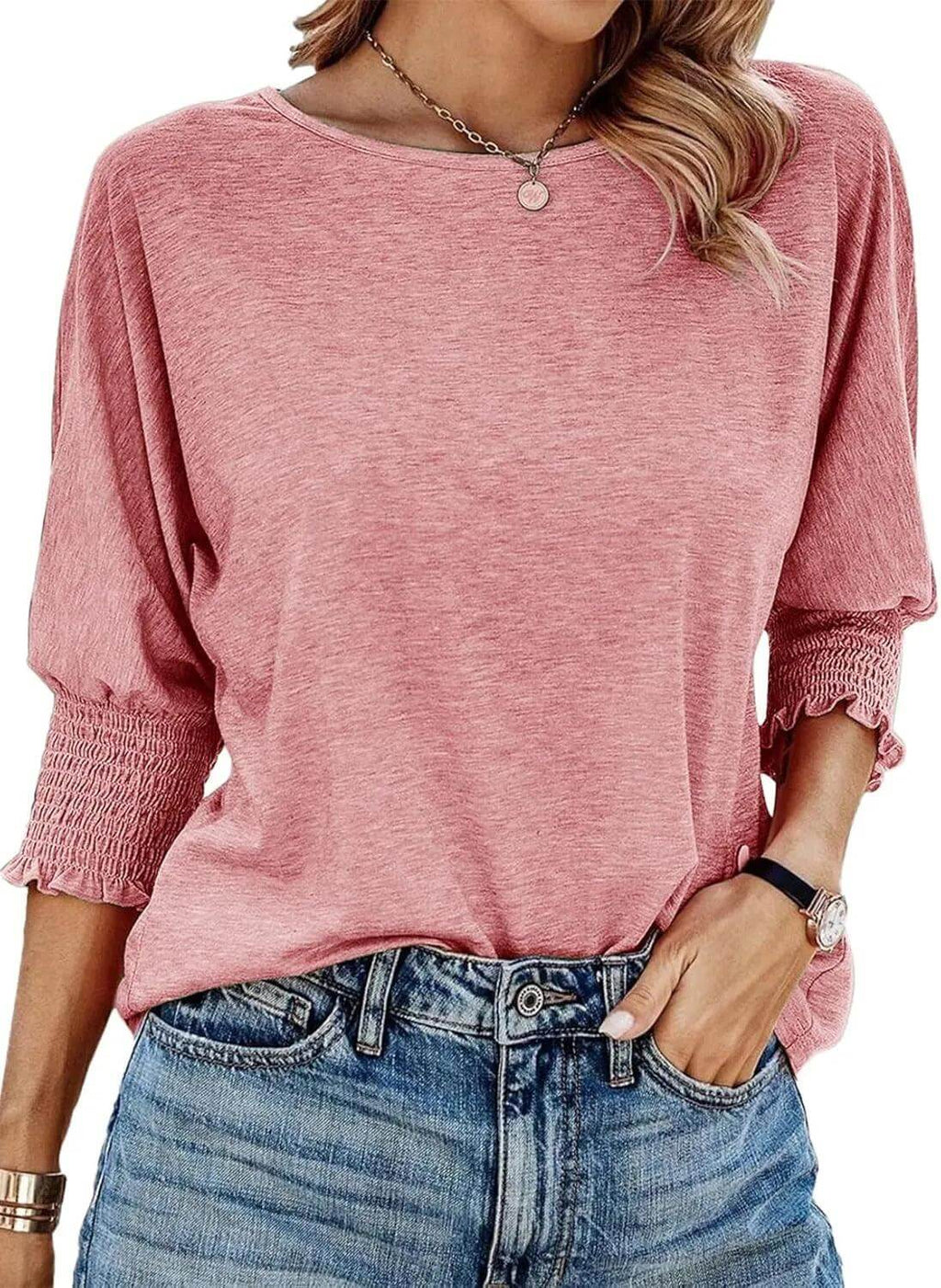 Nola | Women's Casual Knit Blouse with Smocked Sleeves