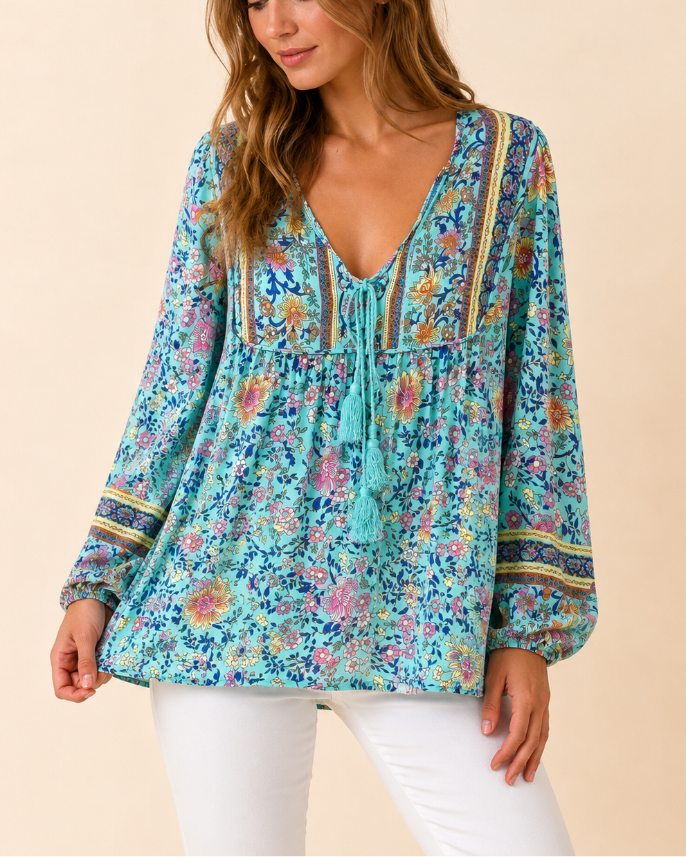 Finn | Women's Boho Floral Print Tunics with Tassel Ties