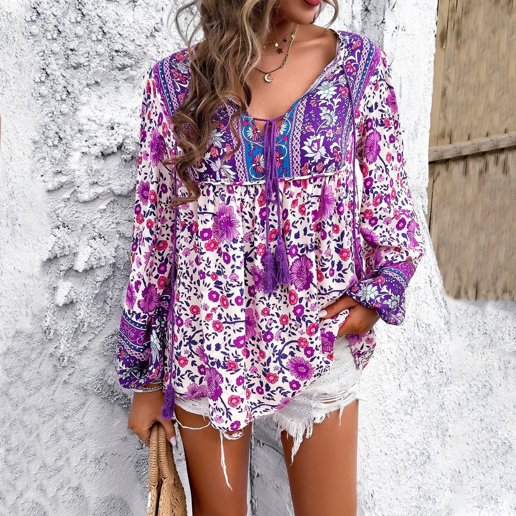 Finn | Women's Boho Floral Print Tunics with Tassel Ties