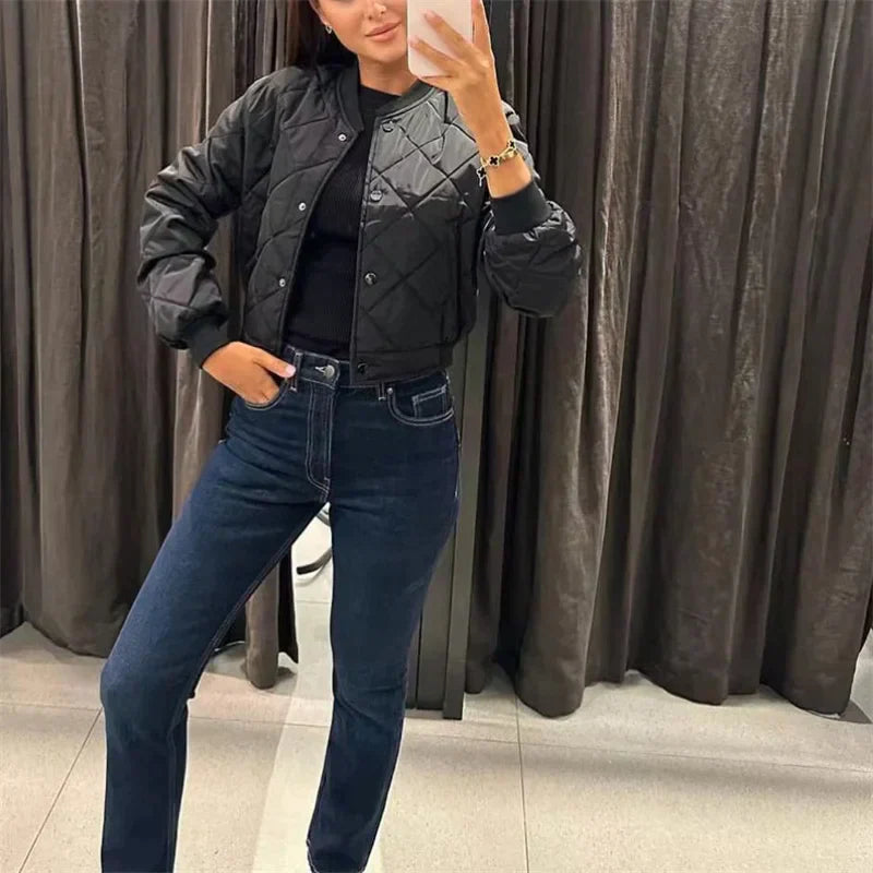 Genevieve - Women's Quilted Bomber Jacket with Ribbed Trim