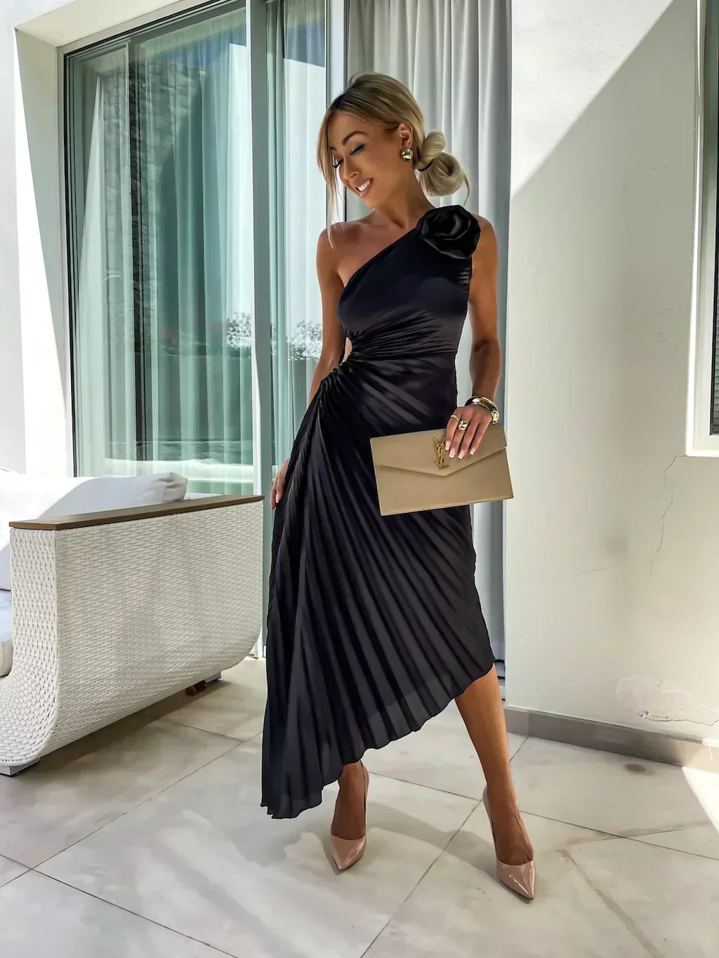 Giselle - Women's Elegant Pleated Midi Wedding Guest Dress