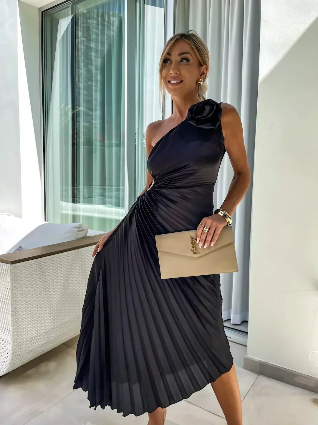 Giselle - Women's Elegant Pleated Midi Wedding Guest Dress