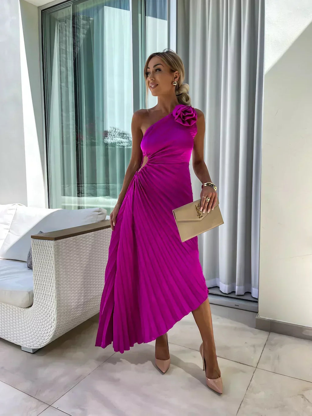 Giselle - Women's Elegant Pleated Midi Wedding Guest Dress