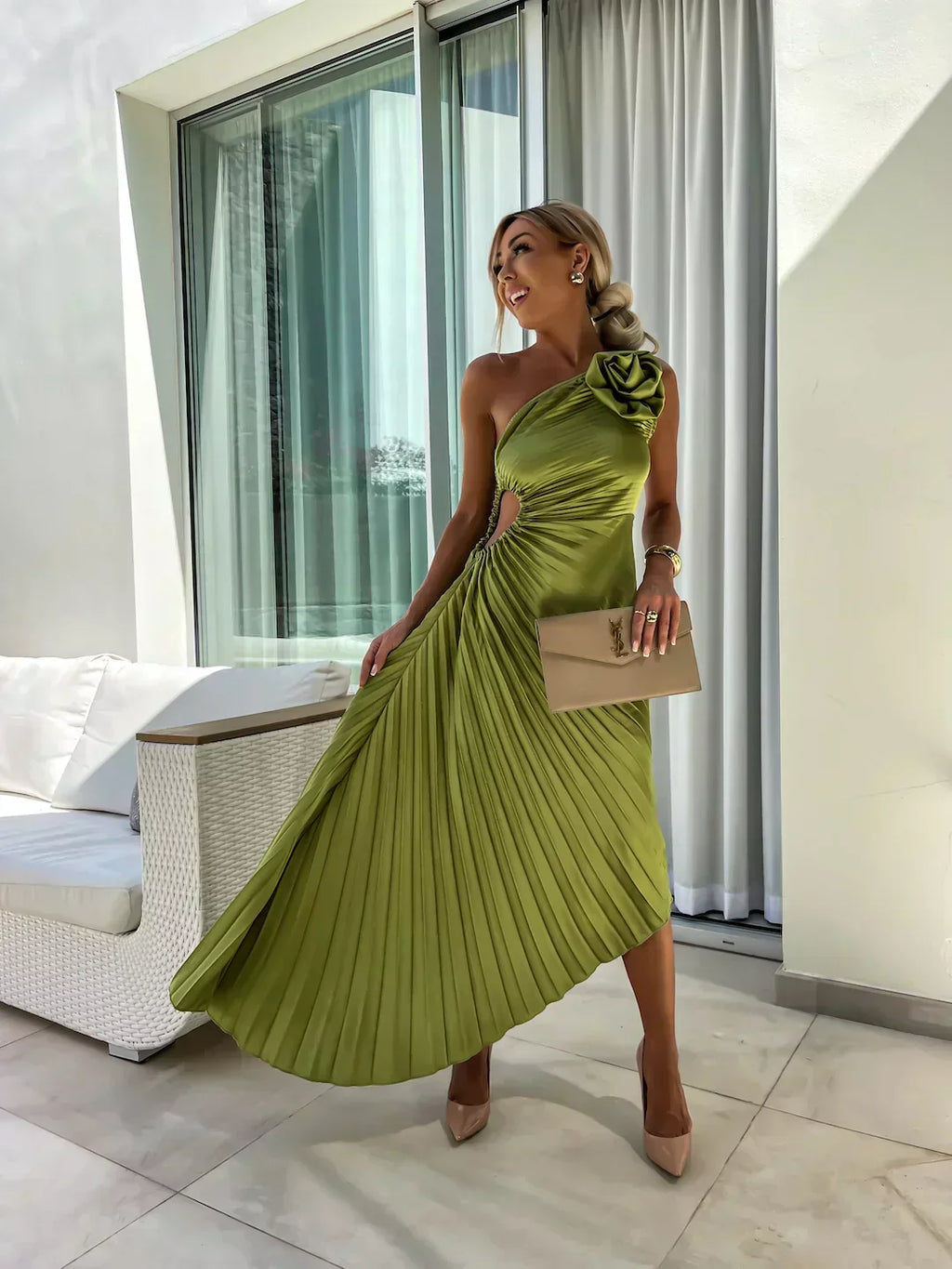 Giselle - Women's Elegant Pleated Midi Wedding Guest Dress