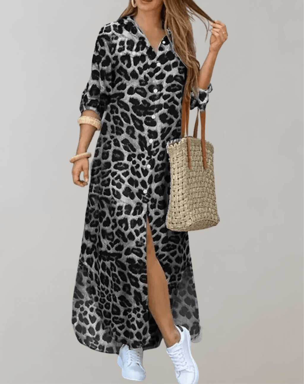 Idra | Women's Leopard Print Maxi Shirt Dress