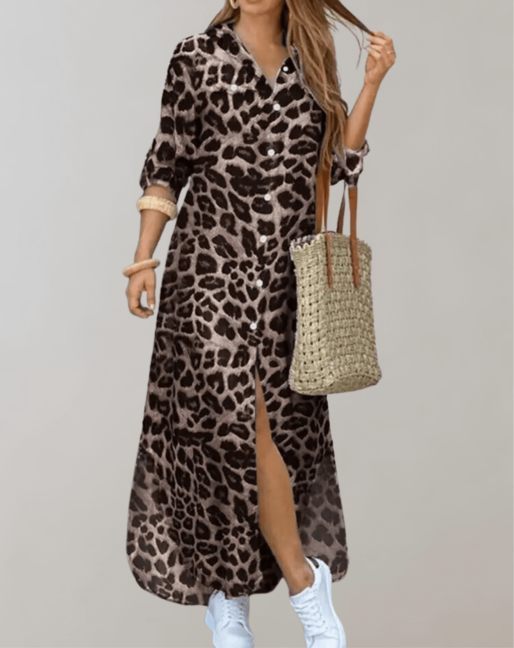 Idra | Women's Leopard Print Maxi Shirt Dress